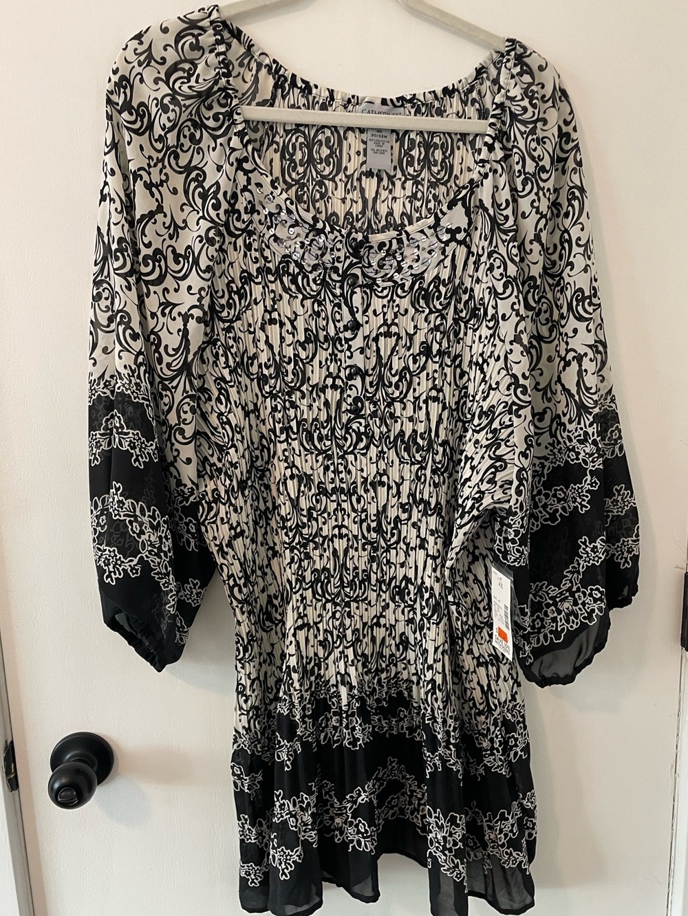 Catherines 4X Black White Scroll Print Smocked Sequin Mini Dress NWT 111
